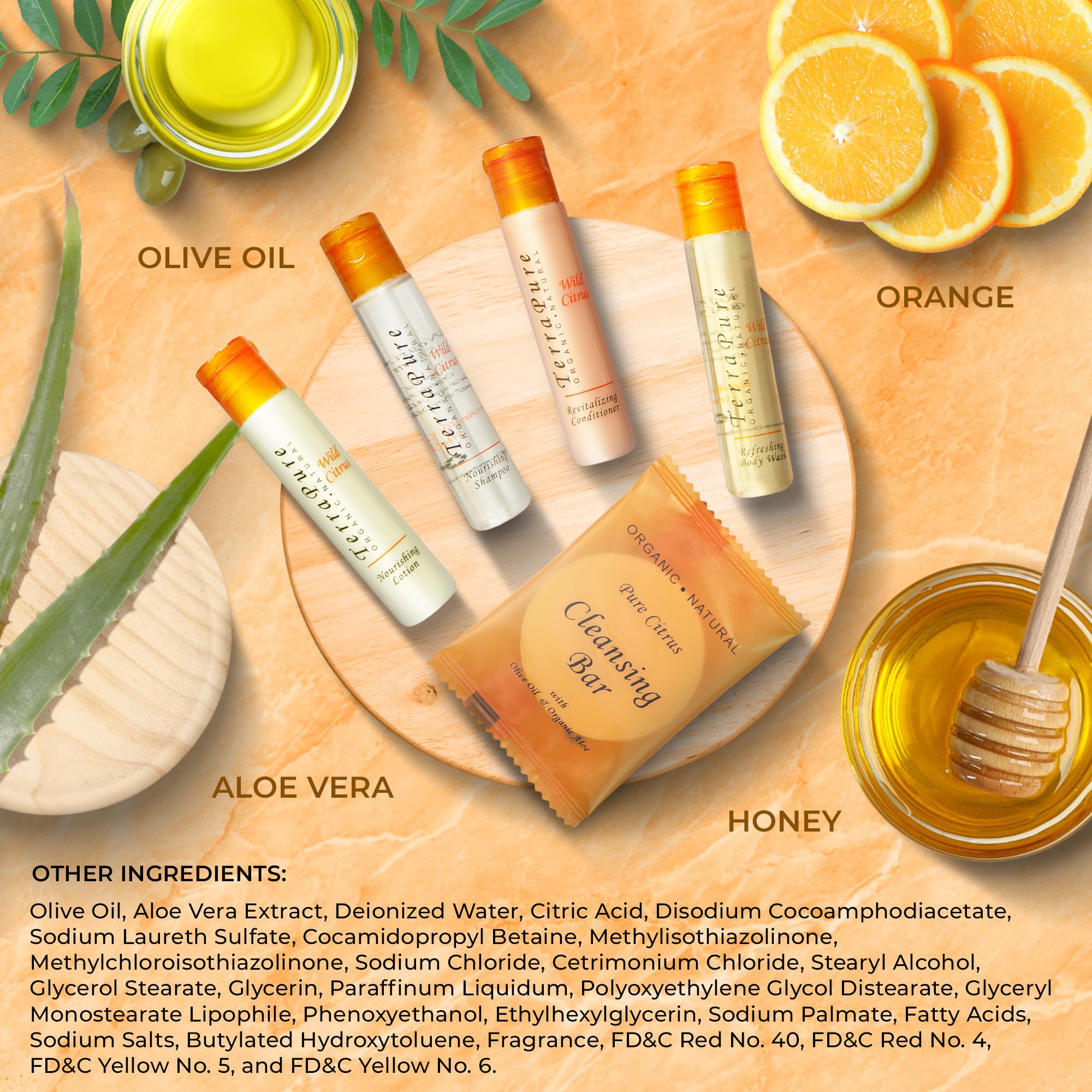 Terra Pure Wild Citrus Hotel Amenities Set | 1-Shoppe Amenities Kit | 1oz Shampoo, Conditioner, Body Wash, Lotion, Bar Soap | Travel Size | 300 Pieces